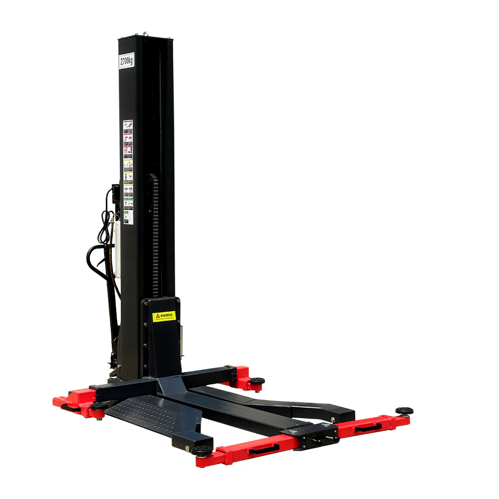 Mobile single-post car lift with black platform deck and red base frame rails