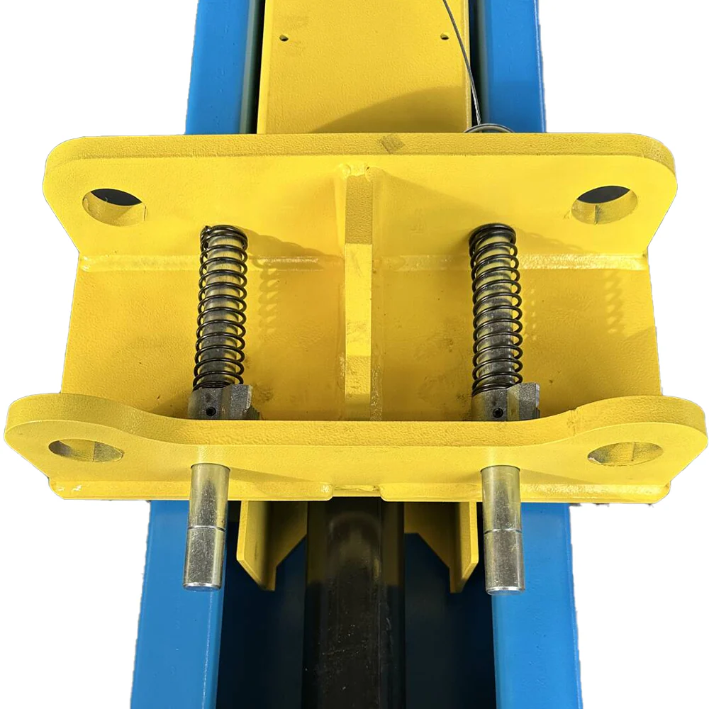Two-post car lift cylinder housing with two springs and mounting bolts on yellow arm