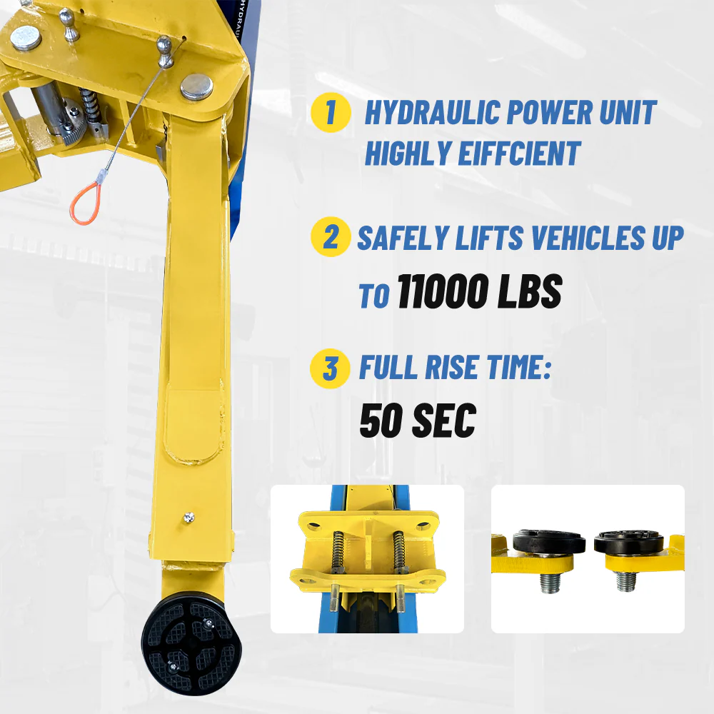 Two-post car lift hydraulic power unit with yellow post, springs, and jack components