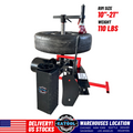 Mini portable tire changer with black base, red frame, and upright tire bead tool