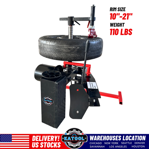 Mini portable tire changer with black base, red frame, and upright tire bead tool
