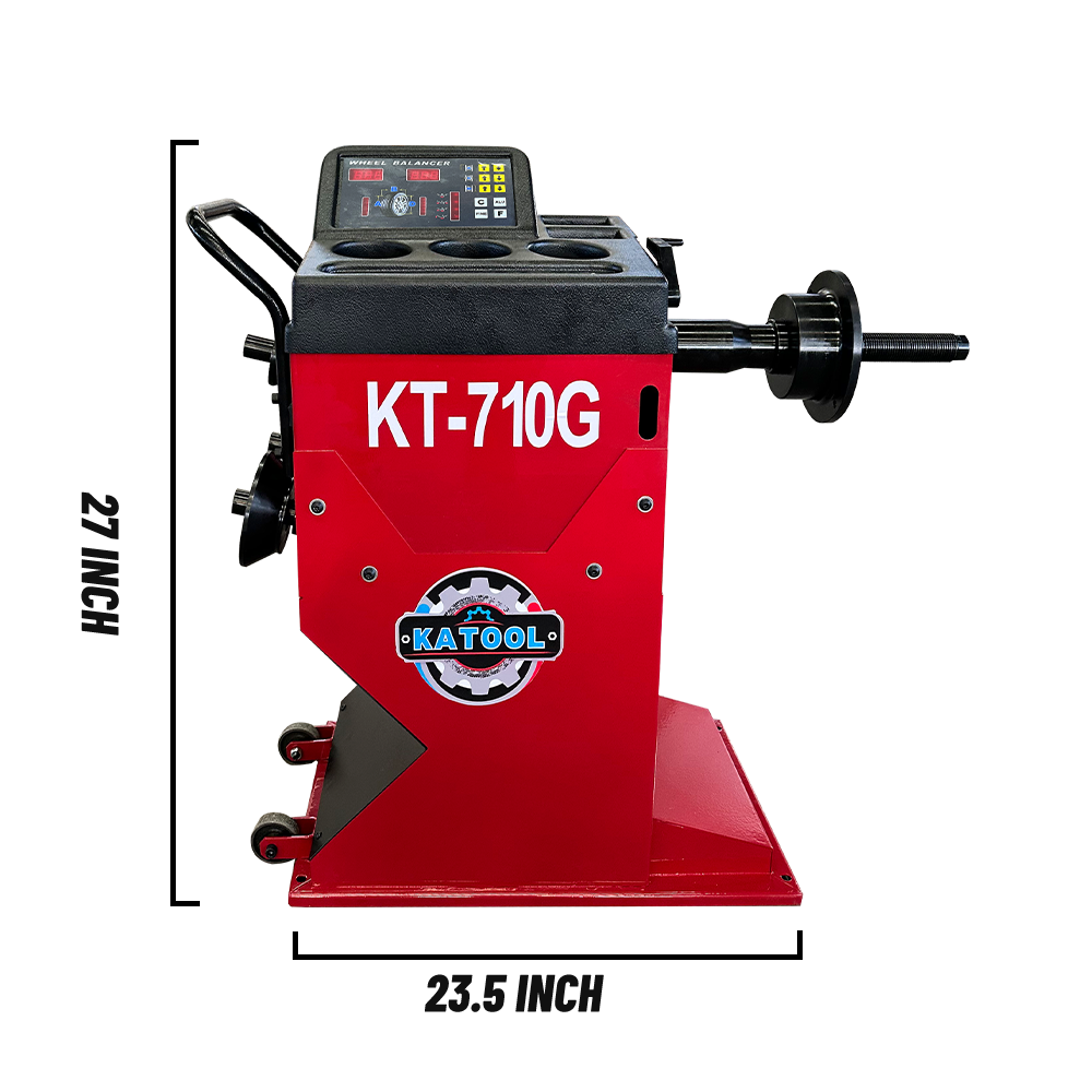Portable wheel balancer with red body and black console, 23.5 in base width and 27 in height