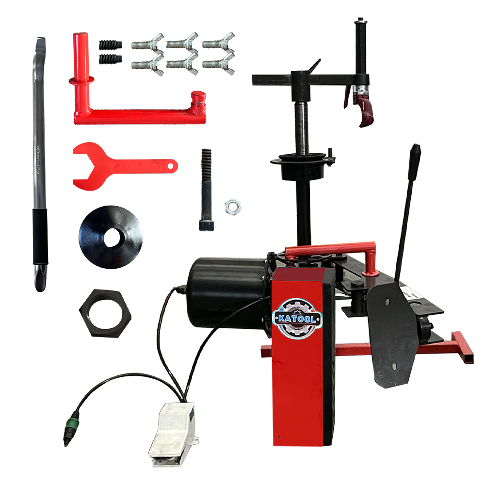 Mini tire changer set with red and black tools, levers, and mounting components