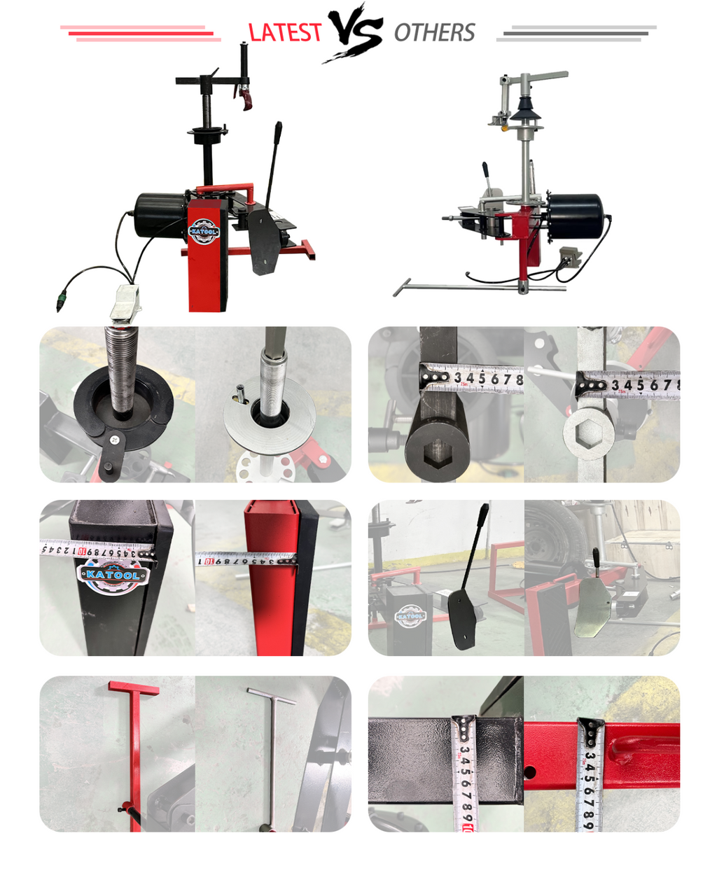 Mini tire changer comparison panel showing machine and close-up feature views