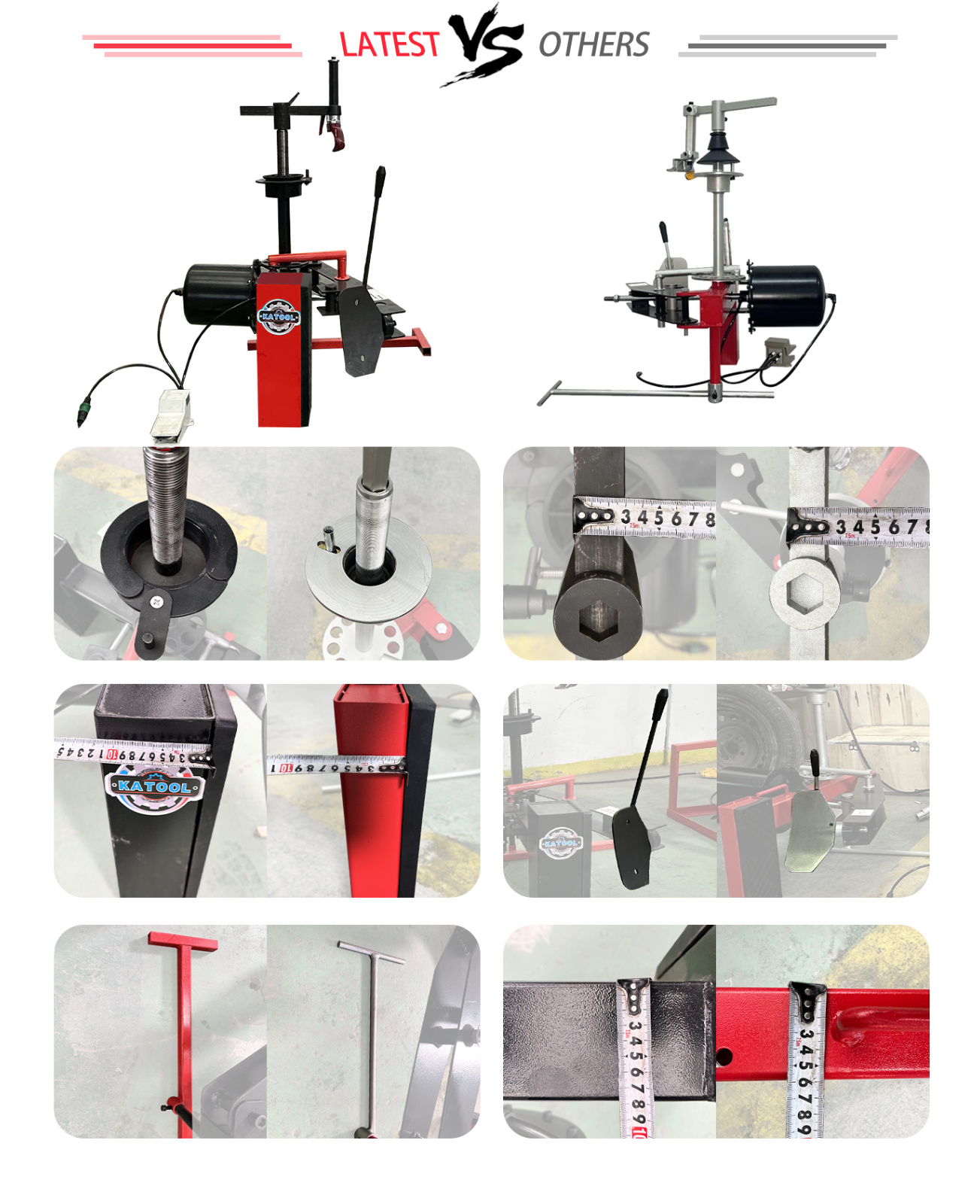 Mini tire changer comparison panel showing machine and close-up feature views