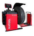 Red heavy-duty wheel balancer with black monitor and tire clamping arm