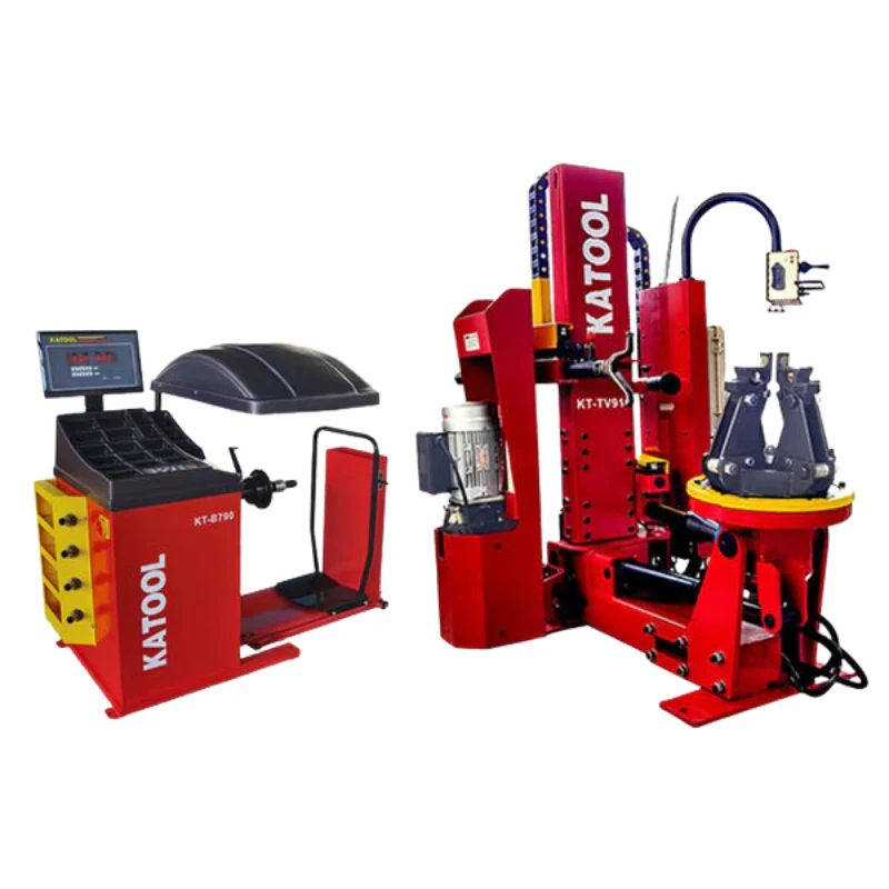 Hydraulic tire changer and wheel balancer combo with red base and control console