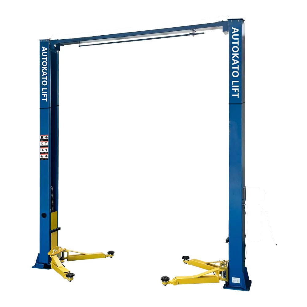 M&E ME-M115S two-post car lift with blue posts and yellow lifting arms, open overhead frame