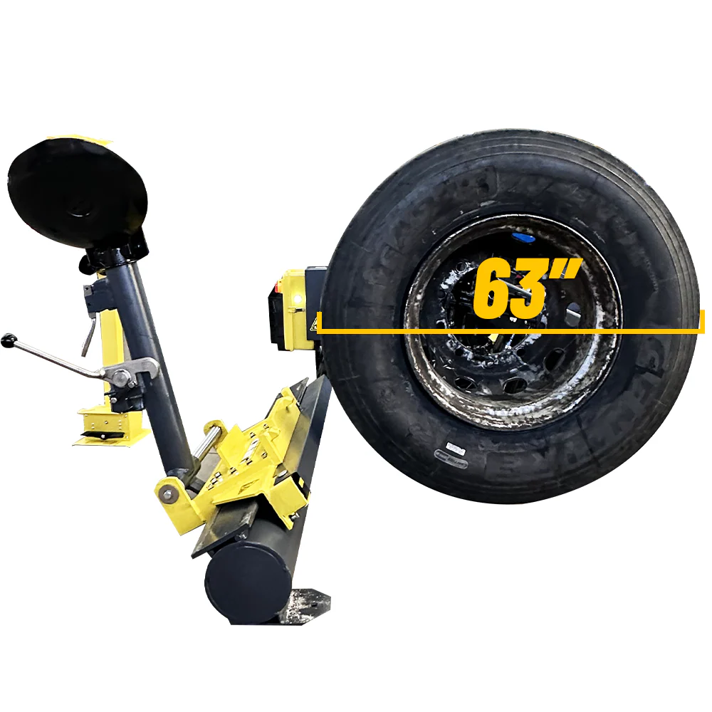 Tire changer with mounted truck wheel showing 63 in