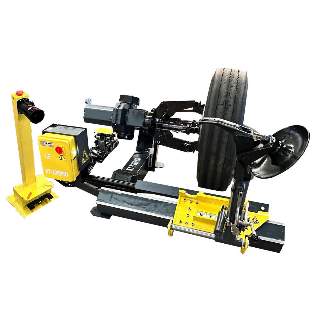 Truck & bus tire changer with black and yellow frame, mounting arm, and wheel support