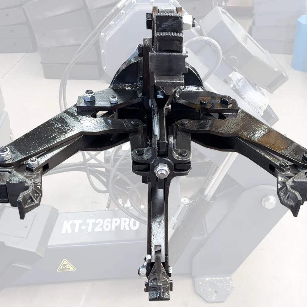 Tire changer mounting stand with black cross arms and center post for wheel support