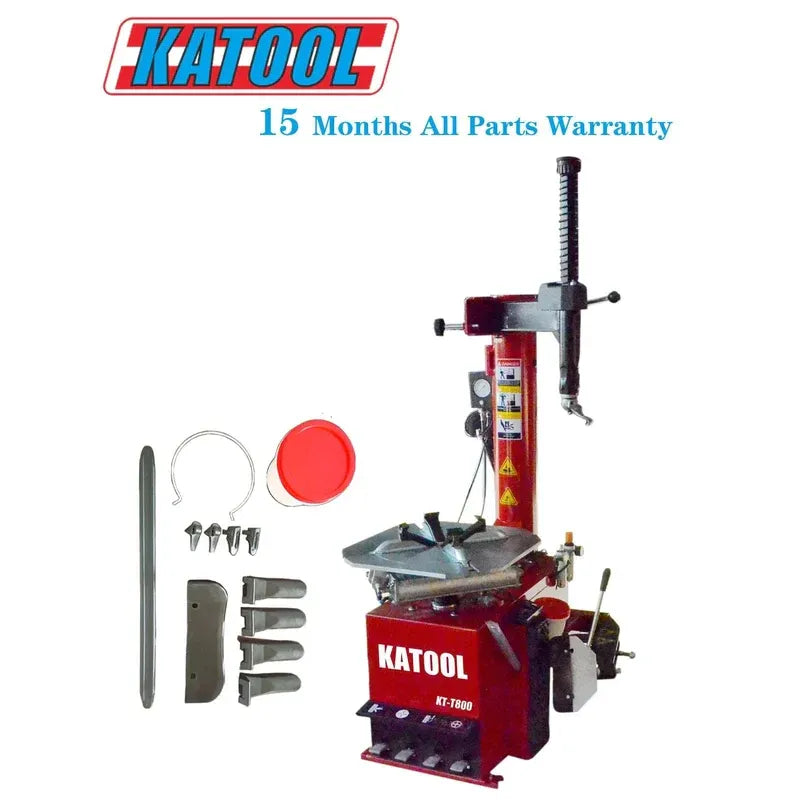 Red and gray tire changer kit with included bead-breaker blades and accessory parts