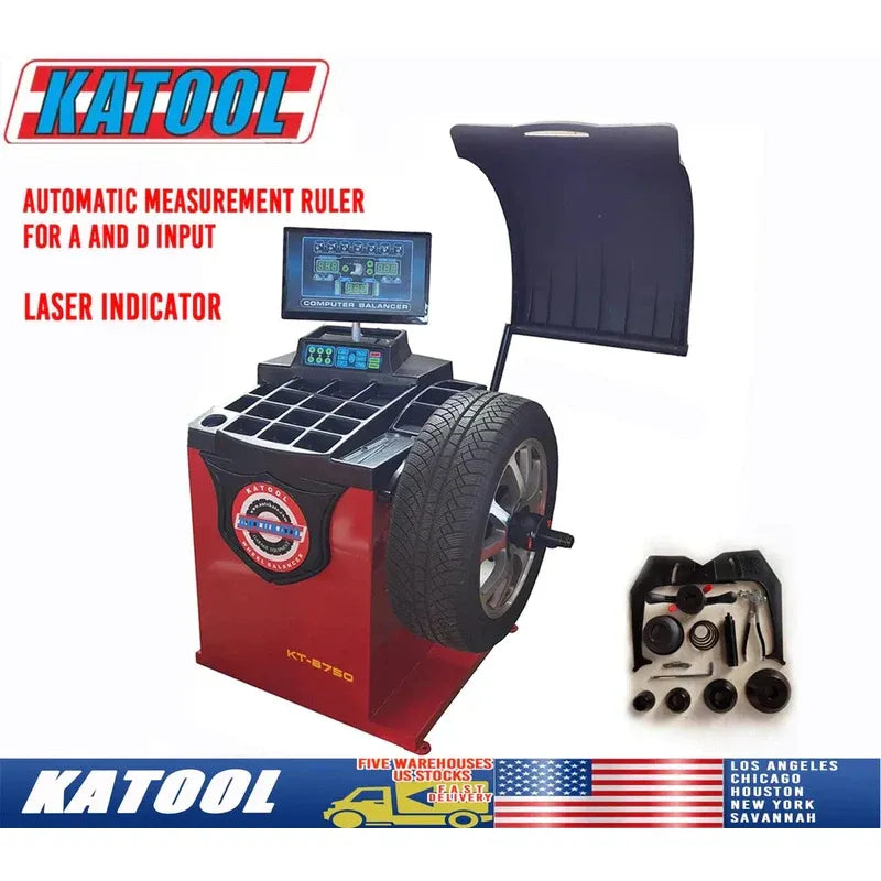 Red tire changer and wheel balancer with control screen, safety guard, and accessory kit