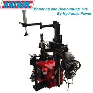 Hydraulic tire changer with red base, black frame, and upper support assembly