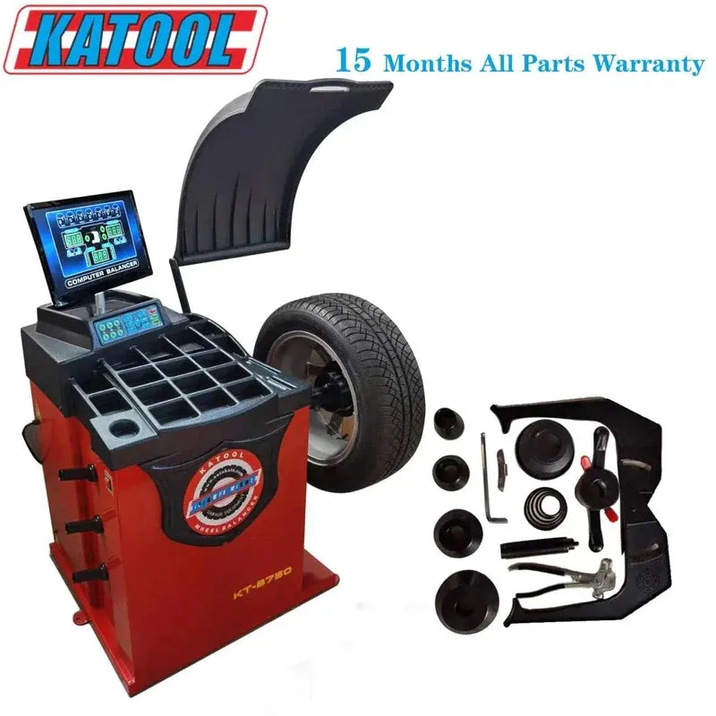 Red tire changer balancer with digital display and included mounting accessory kit