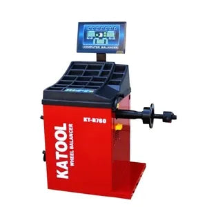 Wheel balancer unit with red housing, blue display, and black tray