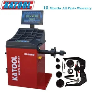 Wheel balancer with red housing, blue display, and included accessory tool set