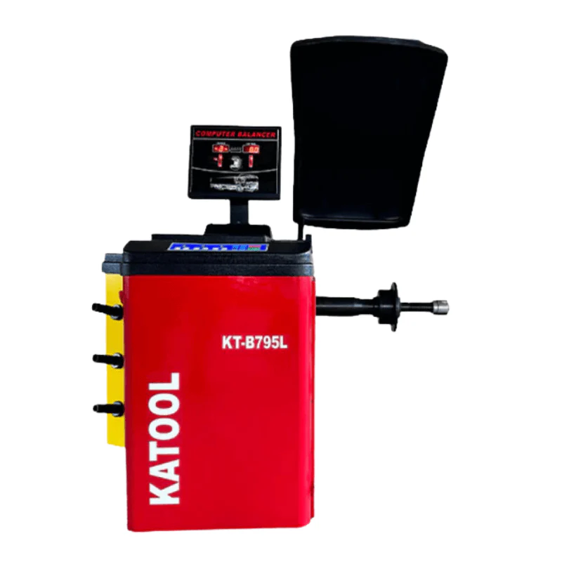 Wheel balancer unit with red cabinet, yellow side panels, and black display