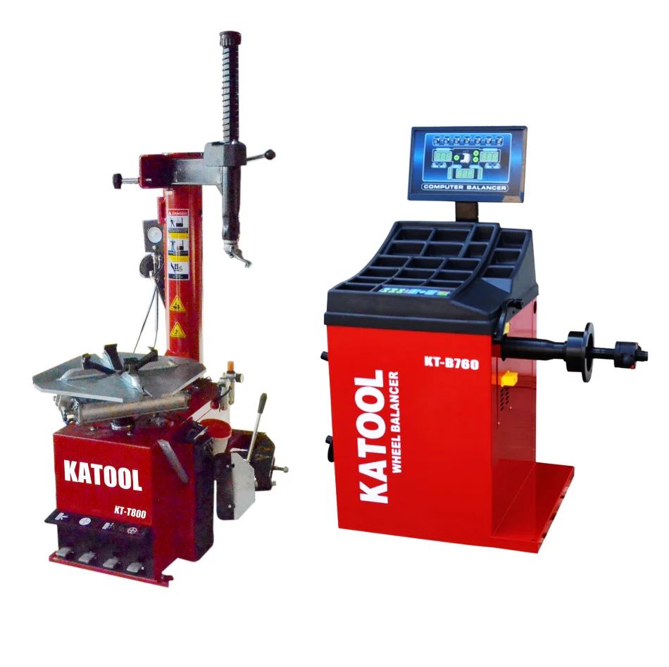 Tire changer and wheel balancer combo machine with red base and vertical arm