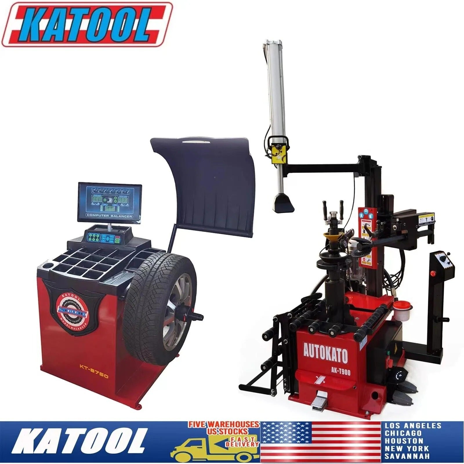 Wheel balancer and tire changer combo with red base and control displays