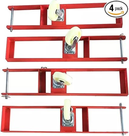 Red caster kit set with four white wheels on swivel caster brackets