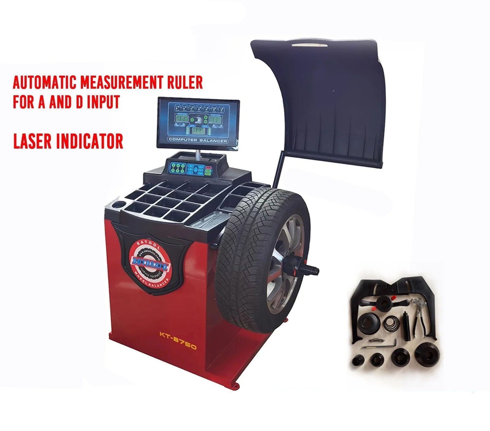 Red tire wheel balancer with computer display, measuring ruler, and accessory kit