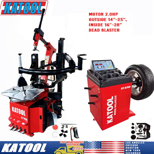 Tire changer and wheel balancer set with accessories, red machines with control panels