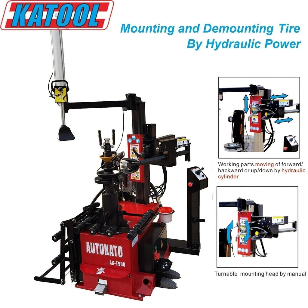 Hydraulic tire mounting and demounting machine with black frame and red base
