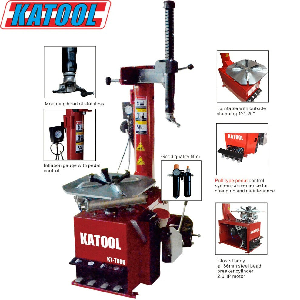 Red tire changer with stainless mounting head and control gauge