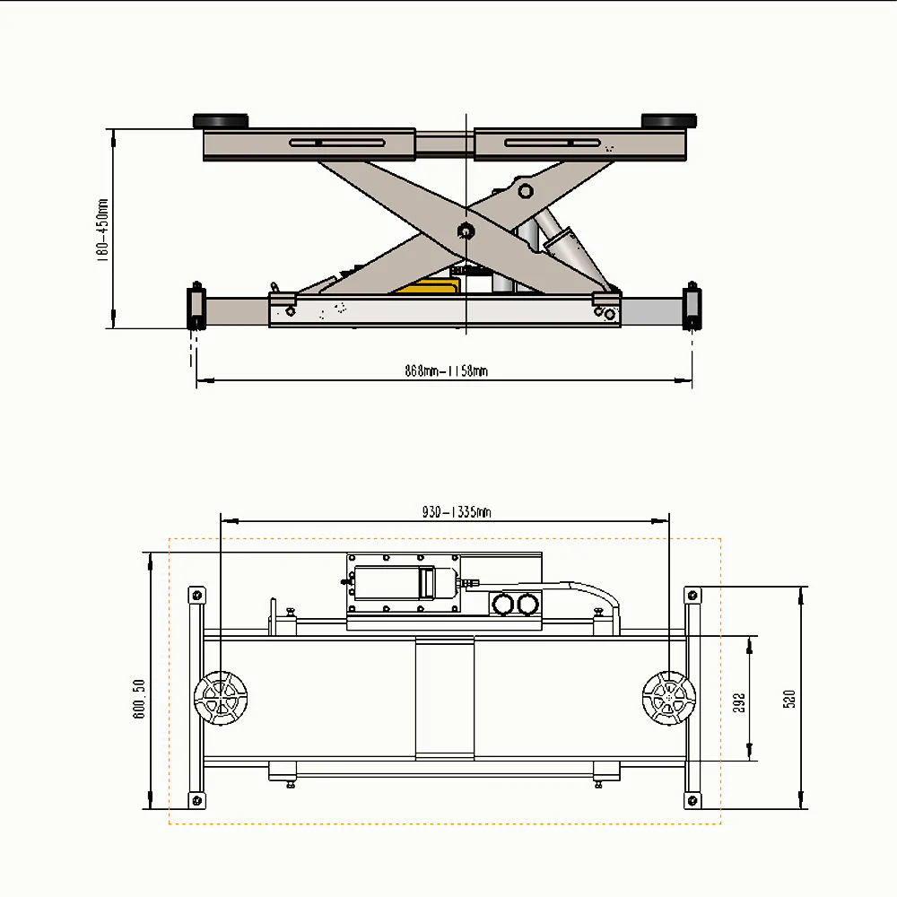 Katool rolling jack size diagram with front and side dimensions, black
