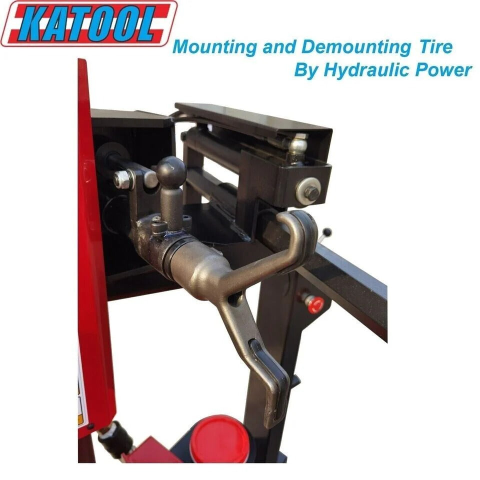 Tire mounting tool assembly with metal arm and clamp on red frame