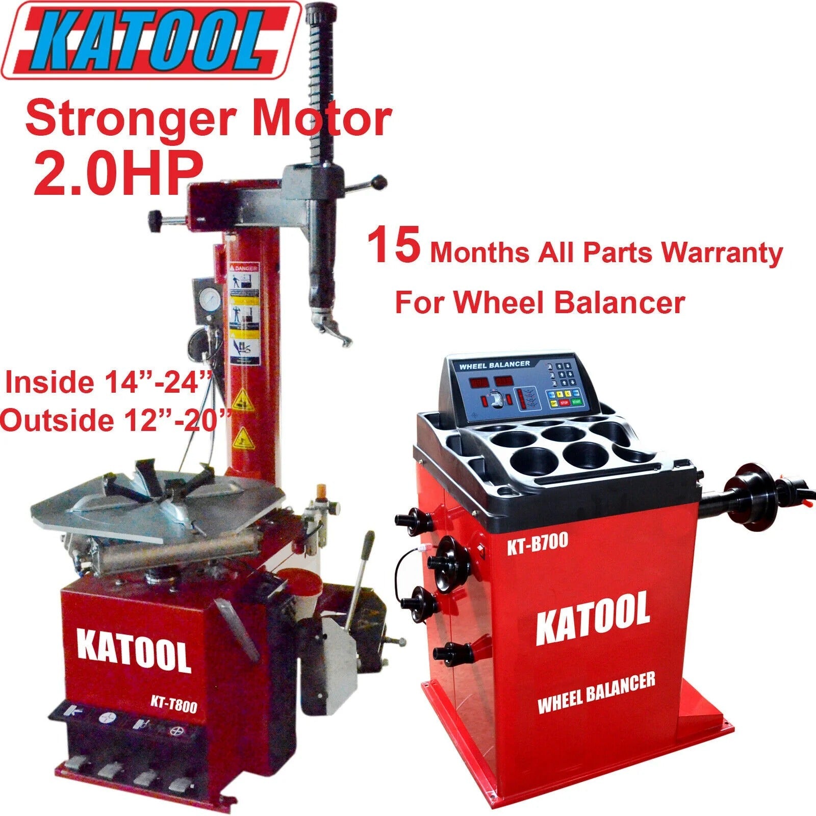Red tire changer and red wheel balancer with console and vertical clamping arm