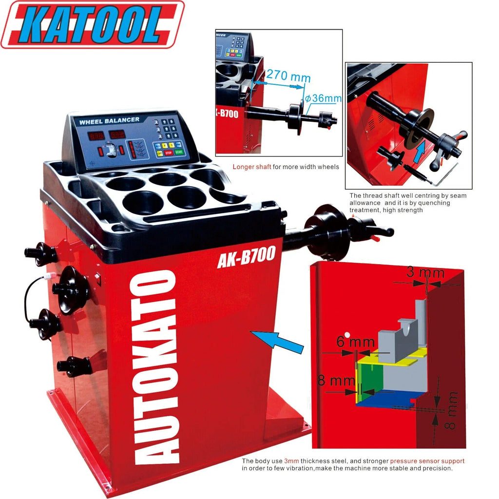 Wheel balancer machine with red body, black console, and circular multi-hole rim plate