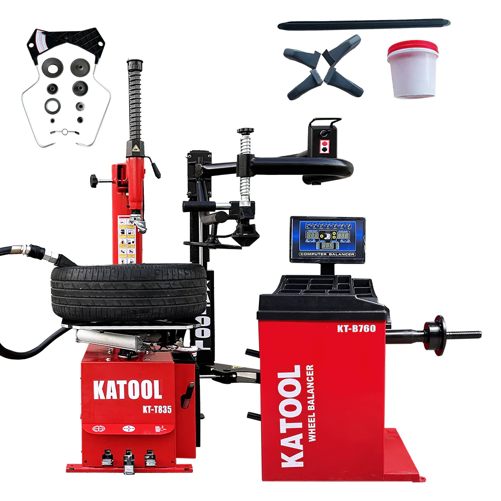 Katool tire changer and wheel balancer set, red and black machine with control console