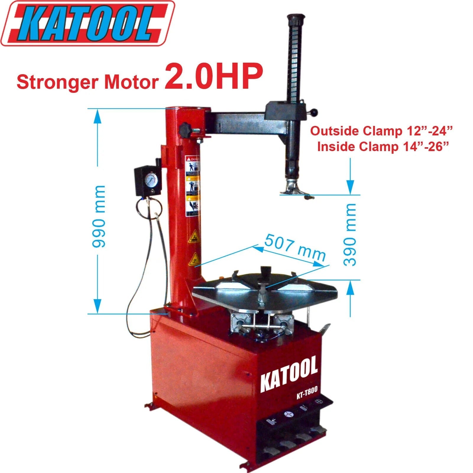 Red tire changer with circular turntable and vertical clamp arm