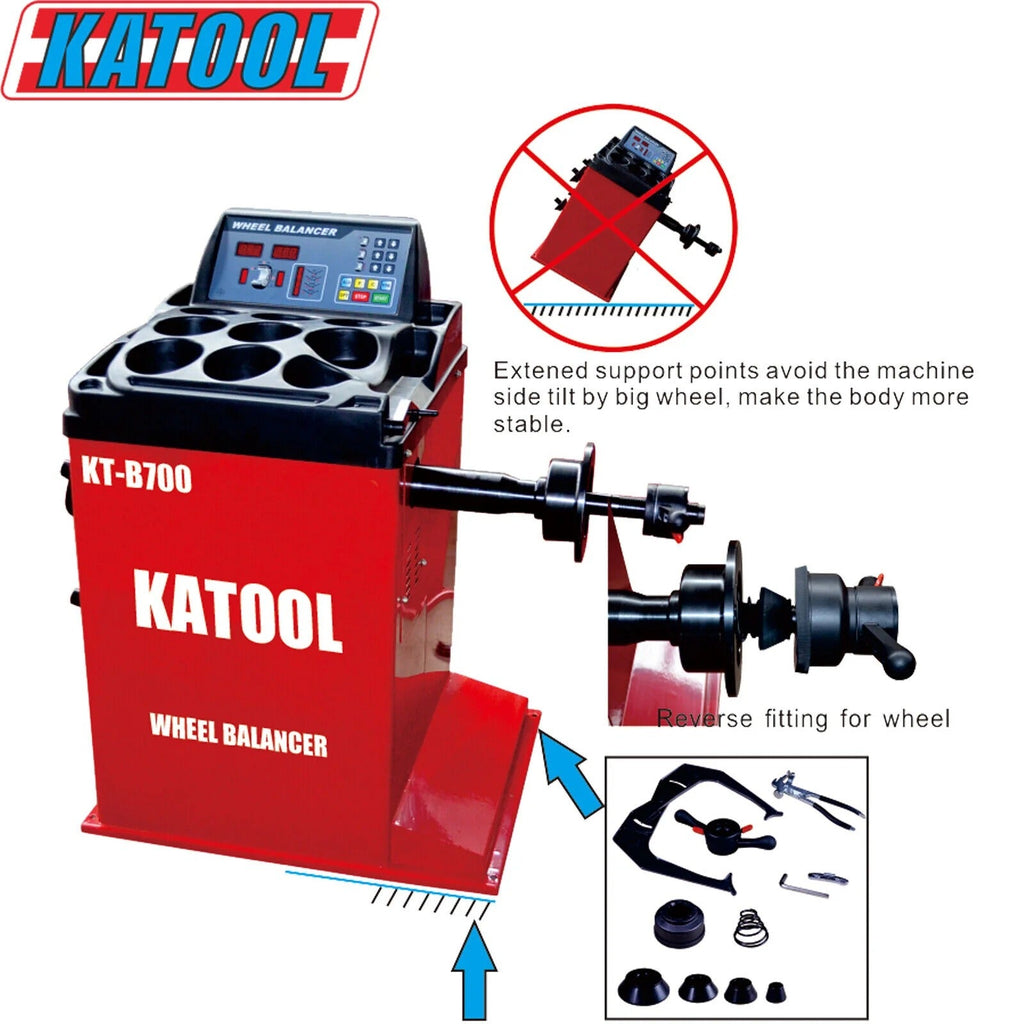 Wheel balancer machine with red base and support arms, black shaft and control console