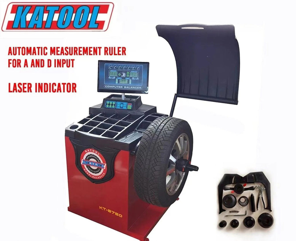 Wheel balancer with red housing, dark hood, and touchscreen control unit