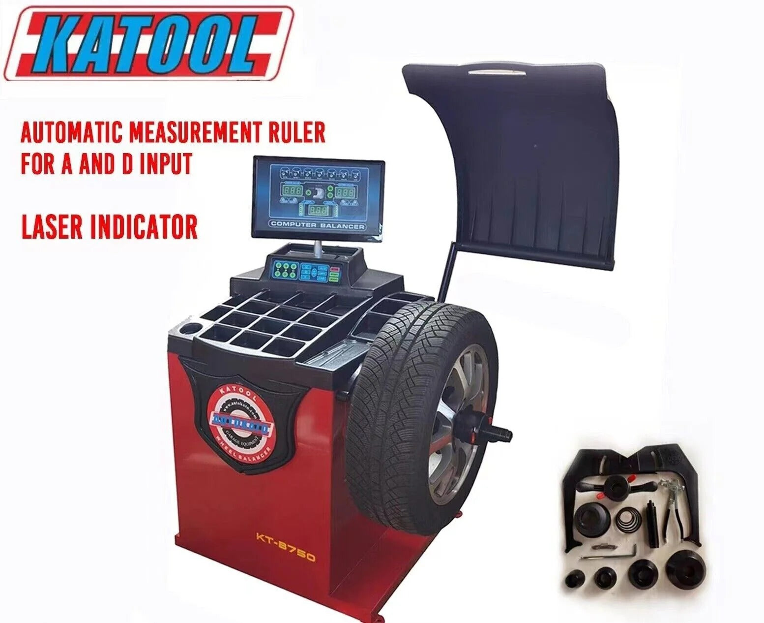 Wheel balancer with red housing, dark hood, and touchscreen control unit