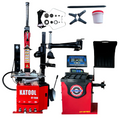 Red tire changer and wheel balancer with control screen and tool kit parts