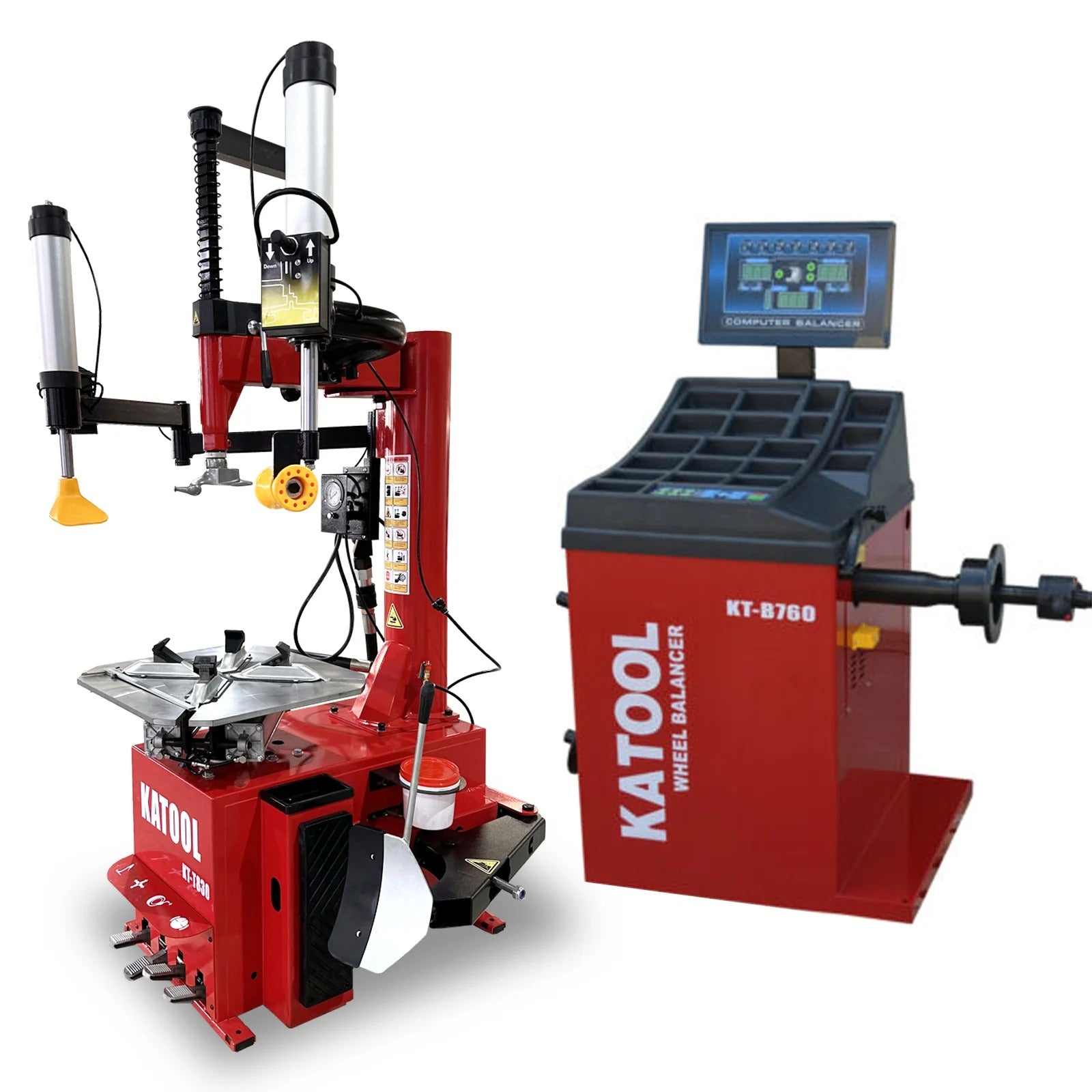 Katool tire changer and wheel balancer combo, red and black machines with controls