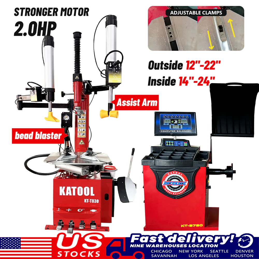Red tire changer and wheel balancer combo with side control display