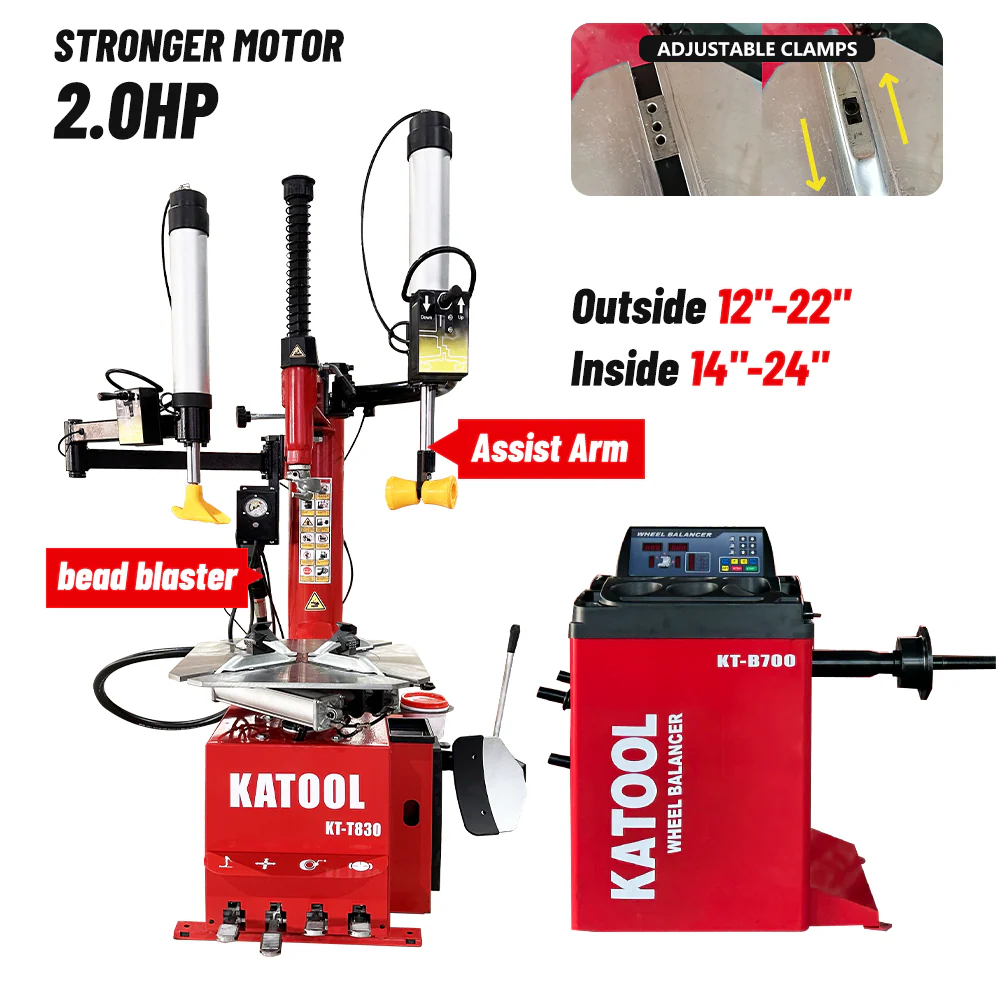 Red and black tire changer and wheel balancer set with assist arm and adjustable clamps