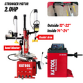 Red and black tire changer and wheel balancer set with assist arm and adjustable clamps