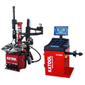 Tire changer and wheel balancer combo with red KATOOL base and blue display control unit
