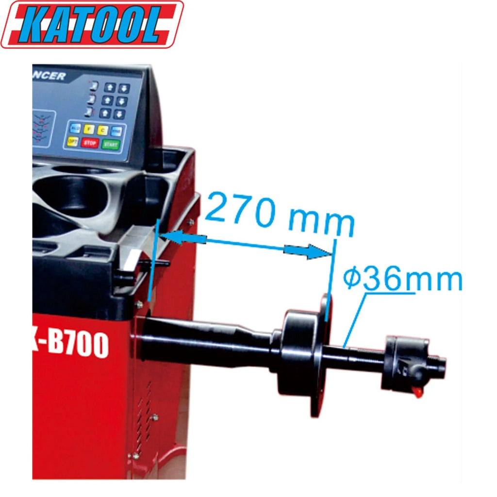 Red wheel balancer with black balancing shaft and control head