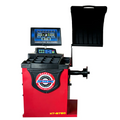 Red and black tire wheel balancer with computer display and hinged hood