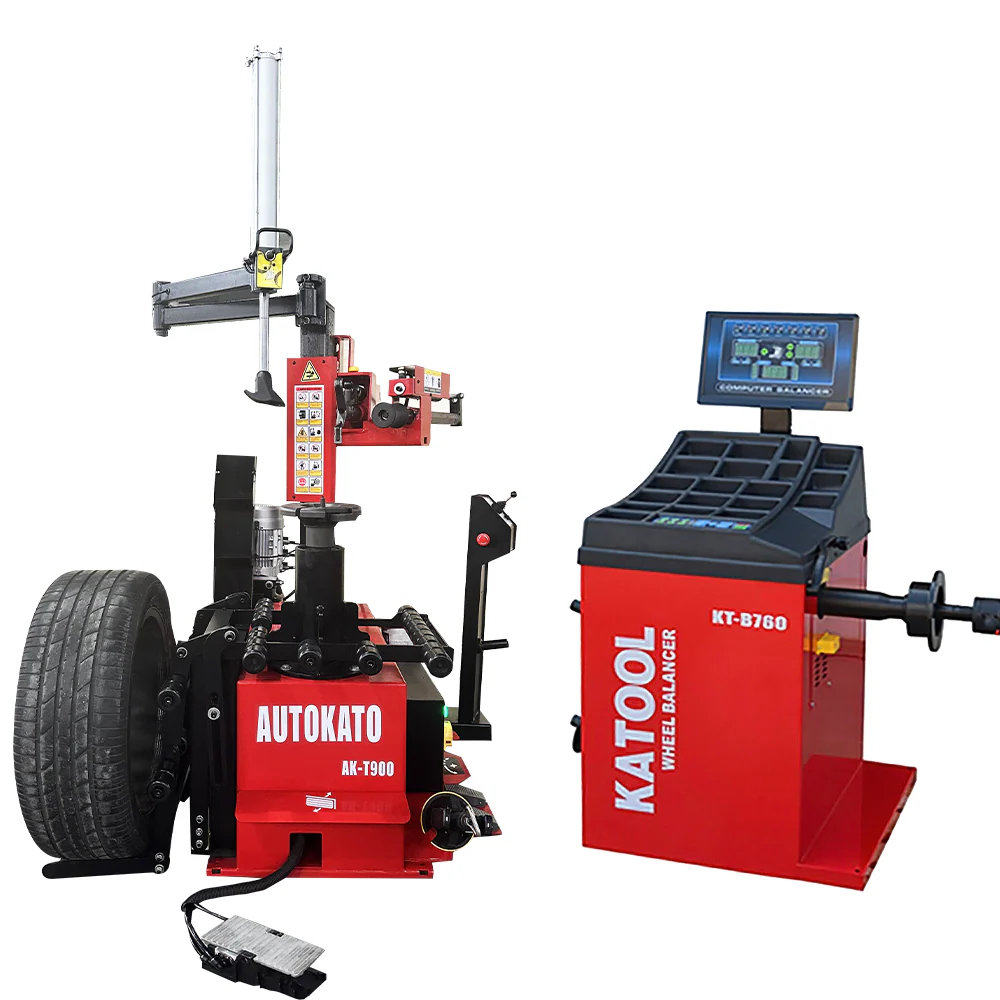 Hydraulic tire changer and wheel balancer combo, red and black machine with arm