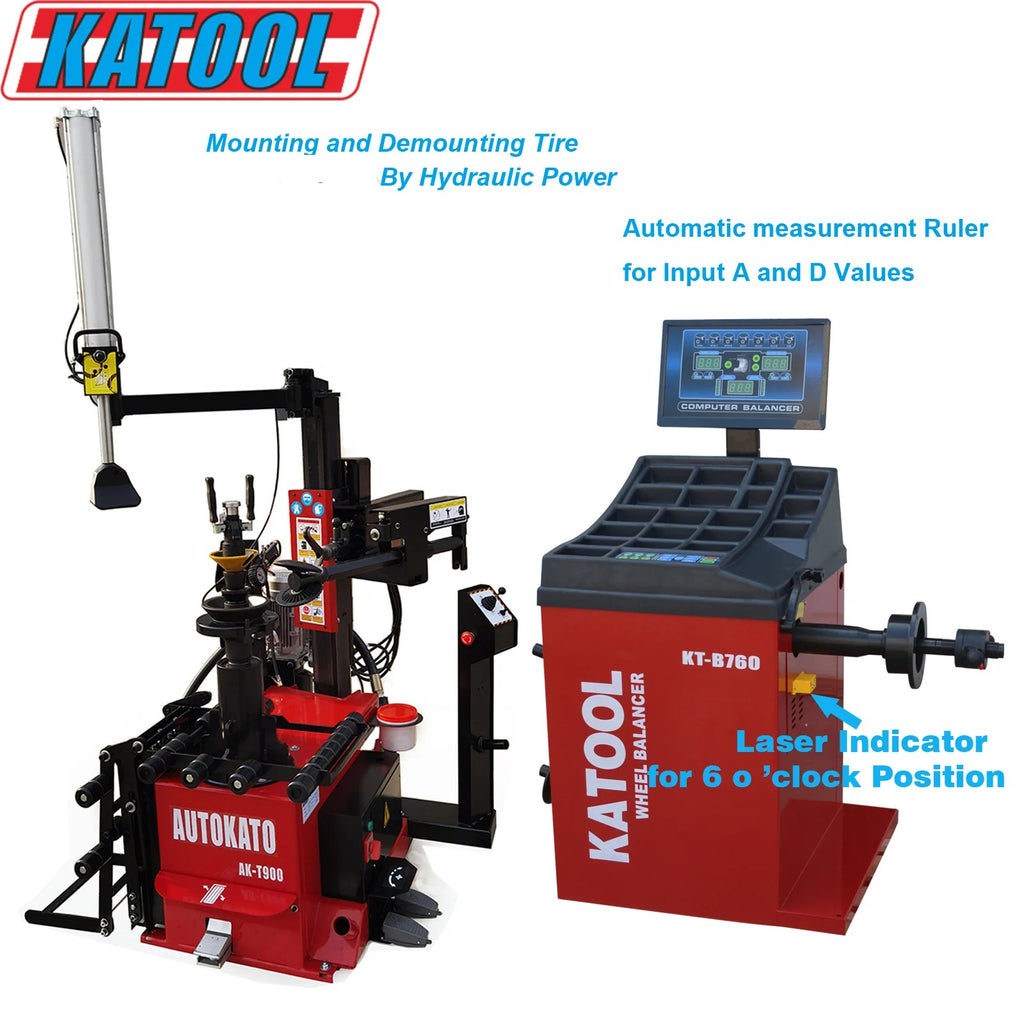 Hydraulic tire changer machine with red base and console display, wheel mounting tools