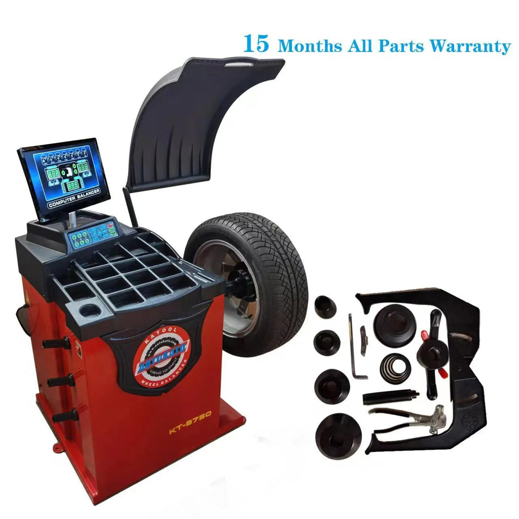 Red tire wheel balancer with computer display, curved guard, and wheel weights set