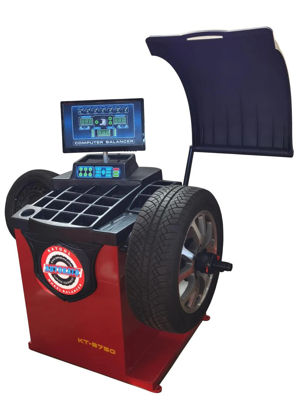 Red tire wheel balancer with computer display, control panel, and clamping head